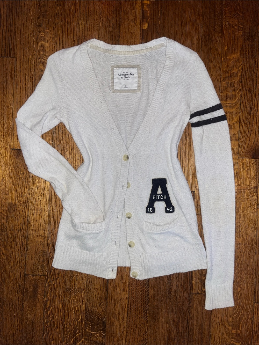 Abercrombie & Fitch | Vintage Cream Button-Front Cardigan with Navy Patch